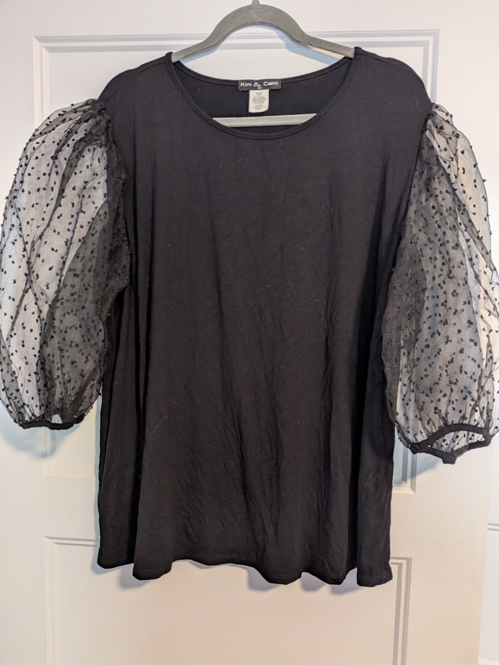 Kim & Cami Black Puff Sleeve Dot Mesh Top